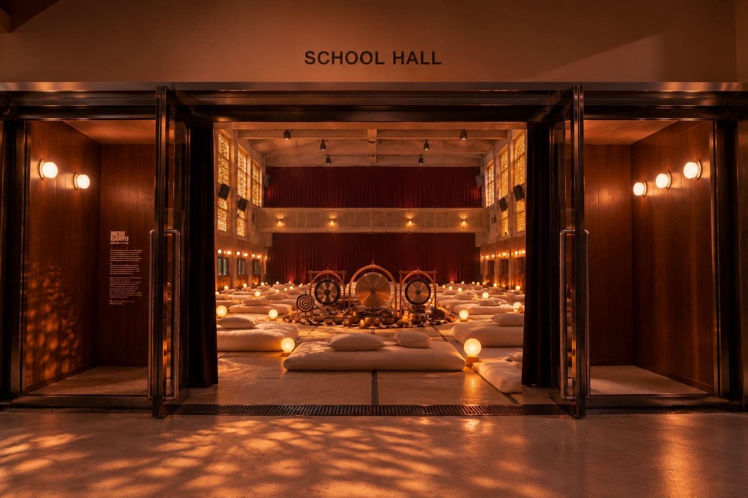 The School Hall doors standing open, warm light spilling out, the dressed floor and the gongs visible at the far end.