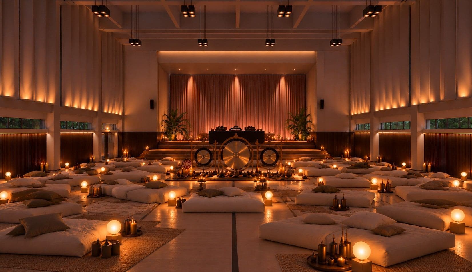 The hall in the evening, lit amber from the walls, candles set among the mattresses.